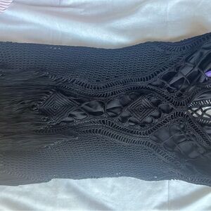 Ralph Lauren Purple Label Hand Crochet Long Fringe Black Gown